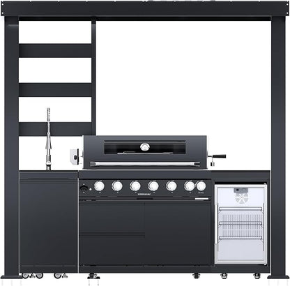 94" Natural Gas Covered Outdoor Kitchen Island, Modular Outdoor Kitchen with Roof, 6-Burner 85,000 BTU BBQ Island, Sink, Refrigerator & Rotisserie, for Backyard and Patio Cooking, Black