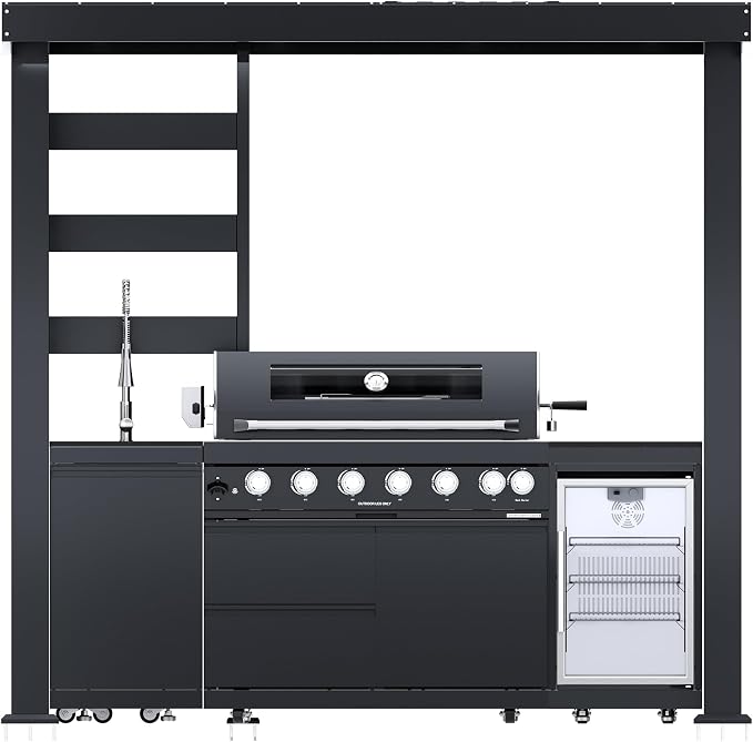 104" Modular Outdoor Kitchen Island with Grill and Side Burner, 4-Burner 72,000 Btu Propane BBQ Island, Refrigerator, Separate Sink & Prep Station, LP-Black (with roof) 85000BTU/94 Inch