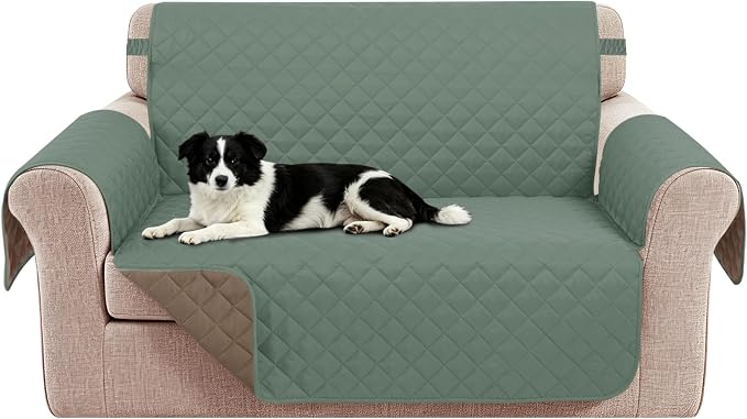 Reversible 45" Small Loveseat Sofa Covers, Green/Taupe | Loveseat Covers for Dogs Water Repellent, Friendly Furniture Protector with Elastic Straps for Living Room