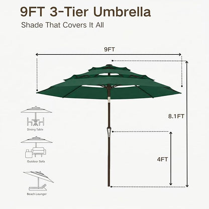 Kingdura 9ft 3-Tier Patio Umbrella, Outdoor Table Umbrella with Easy Crank & Tilt, 8 Reinforced Ribs, UV Protection for Deck, Pool, Market, Backyard (Dark green)