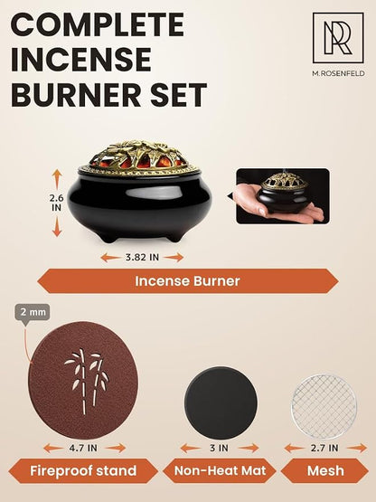Frankincense Burner for Resin & Bakhoor – Glazed Black Ceramic Charcoal Incense Burner with Lid, Stainless Steel Mesh and Heat-Resistant Cotton Lining, Gothic Altar Censer