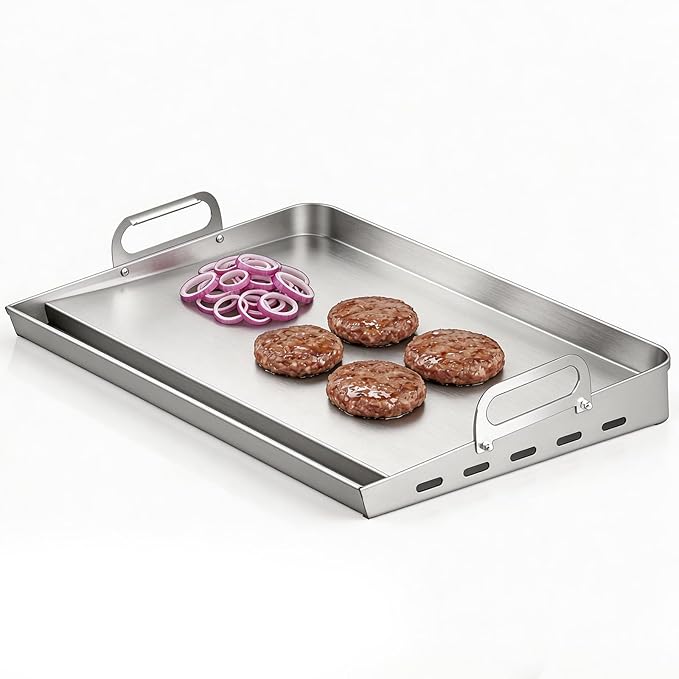 EUTRKei 17"x13" Stainless Steel Griddle for Gas Grill, Plancha Para Cocinar | Reinforced Flat Top with Grease Groove, Effortless Cleanup for Backyard BBQ, Tailgating, Camping & Family Parties