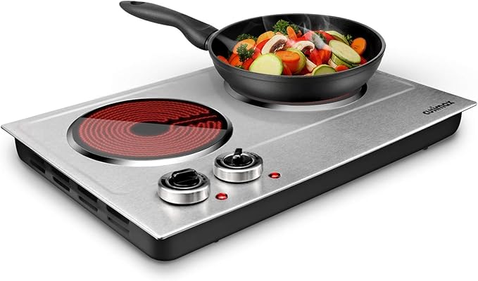 CUSIMAX 1800W Ceramic Electric Hot Plate for Cooking, Double Burner, Silver | Dual Control Infrared Cooktop, Portable Countertop Burner, Glass Plate Electric Cooktop, Stainless Steel