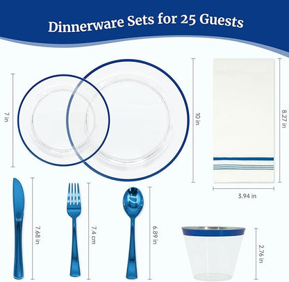 AIRE 175PCS Blue Plastic Plates for Party Supplies Dinnerware Sets for 25 Guests, Disposable Plastic Party Plates Cups Spoons Forks Knives Napkins for Birthday Wedding BBQ Christmas Parties, Blue
