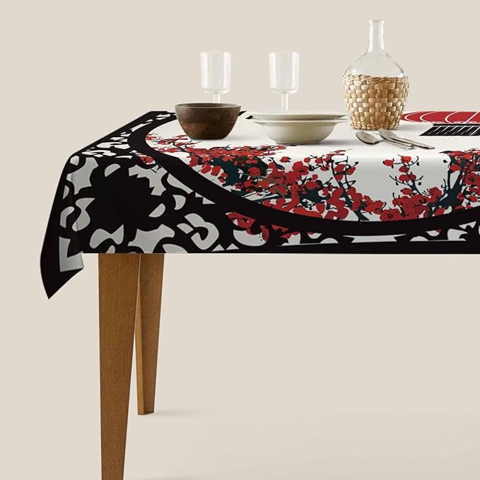 TKS MITLAN Chinese Lantern Decorative Rectangle Tablecloth Festival Window Flower Cherry Pattern Polyester Table Cloths Kitchen Table Cover for Dining BBQ Picnic Coffee Table 52 x 70 Inch 4-6 Seats