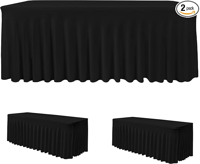 2 Pack Spandex Table Skirts for 6 Ft Rectangle Tables, Black Tablecloths | 6 Foot Stretchy Table Cover,Ruffle Design,Wrinkle-Free Elastic Table Cloth For Wedding Banquets,Trade Shows, Parties, Events