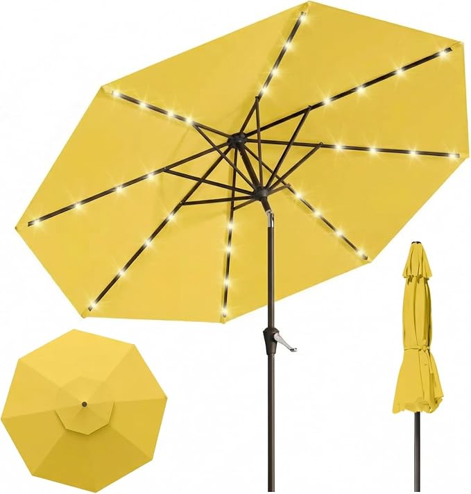 10FT Solar Lighted Patio Umbrella, Outdoor Table Market Umbrellas with Push Button Tilt and Crank, 32 LED Lights, 8 Sturdy Ribs, UV-Resistant for Deck, Garden, Pool