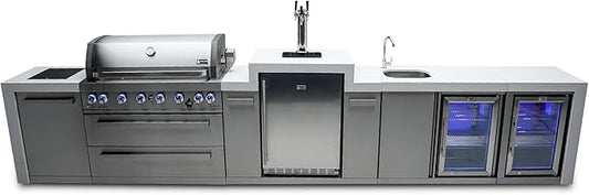 Mont Alpi Deluxe 180"W Stainless Steel Outdoor Kitchen Island with 2 Refrigerators + Faucet & Sink + 3-tap Kegerator Beer Dispenser + 44"W 6-Burner BBQ Grill + Granite Countertops + Storage + Cover