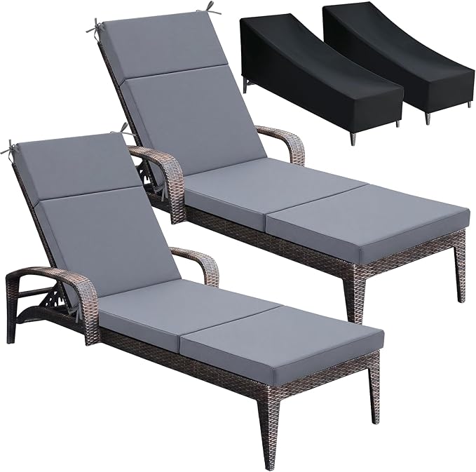 Patelai 2 Set Outdoor Chaise Lounge Cushions with Chair Covers, 70 x 21 x 3 Inch Waterproof Sun and Fade Resistant Thick Replacement Lounge Chair Cushions for Patio Poolside (Gray)