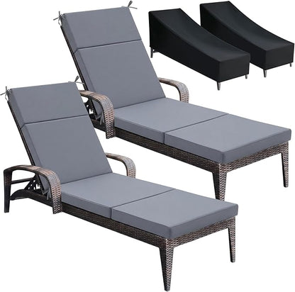 Patelai 2 Set Outdoor Chaise Lounge Cushions with Chair Covers, 70 x 21 x 3 Inch Waterproof Sun and Fade Resistant Thick Replacement Lounge Chair Cushions for Patio Poolside (Gray)