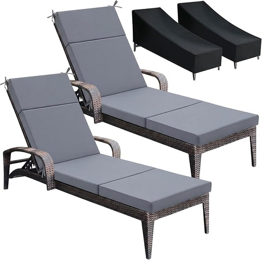 Patelai 2 Set Outdoor Chaise Lounge Cushions with Chair Covers, 70 x 21 x 3 Inch Waterproof Sun and Fade Resistant Thick Replacement Lounge Chair Cushions for Patio Poolside (Gray)