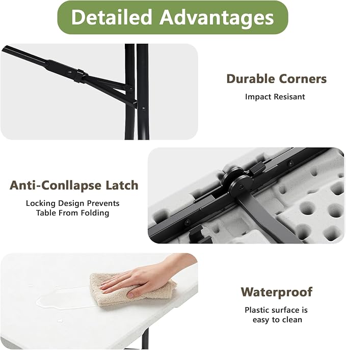 2 Pack 8FT Folding Table, Foldable Picnic Table with Carrying Handle, Heavy Duty Fold-in-Half Portable Table for Weddings, Camping, RV Travel, Parties, and Indoor Use, Easy to Fold and Store, White