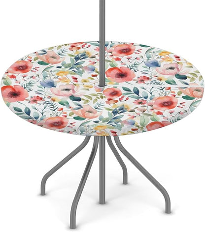 Spring Flower Outdoor Round Fitted Tablecloth with Umbrella Hole and Zipper, 45"-56" Elastic Patio Table Cloth Oil-Proof Waterproof Patio Table Cover for Picnic Party Camping