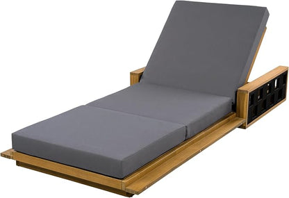 Merax Patio Chaise Lounge with 4-Position Adjustable Backrest, Acacia Wood Outdoor Sunbathing Recliner Chair & 4" Thick Triple-fold Cushion for Poolside, Garden, Backyard, Patio, Dark Gray