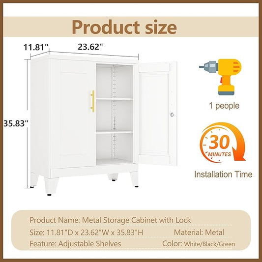 GAIOUS White Metal Pantry Cabinet with Lock(Two Units), Sideboard Buffet Storage Cabient with Doors and 2 Adjustable Shelves, Multifunctional Kitchen Cupboard for Home Office, Buffet Table