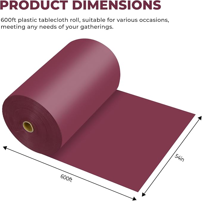 54 Inch X 600 Feet Plastic Table Cover Roll Premium Disposable Plastic Tablecloth for All Type/Shape Tables | Picnic, Party, Banquet, Birthdays, Weddings (Burgundy, 54 Inch X 600 Feet)