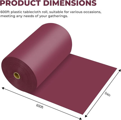 54 Inch X 600 Feet Plastic Table Cover Roll Premium Disposable Plastic Tablecloth for All Type/Shape Tables | Picnic, Party, Banquet, Birthdays, Weddings (Burgundy, 54 Inch X 600 Feet)