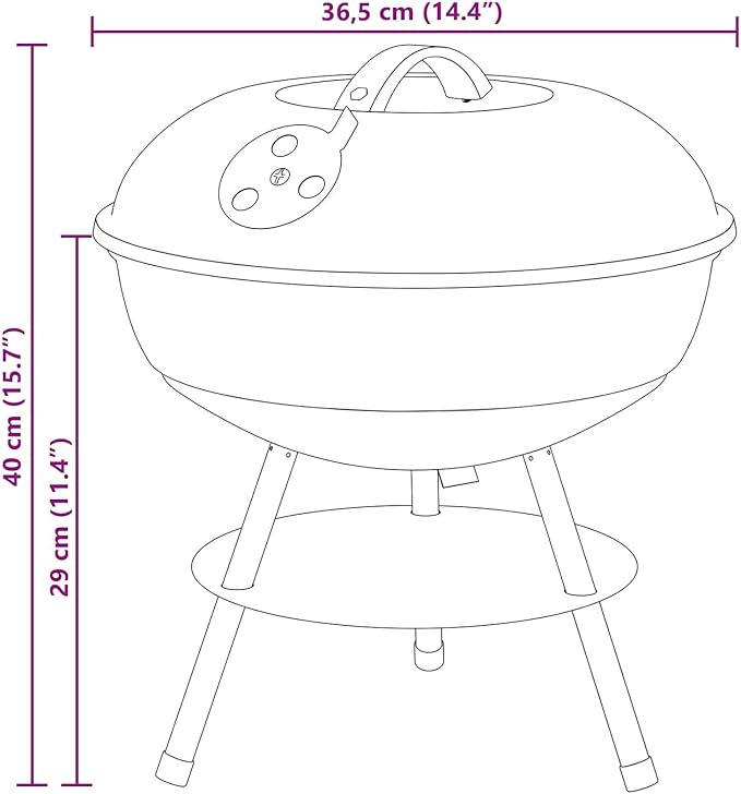 Portable Charcoal Grill for Outdoor Cooking, Compact Round BBQ Barbecue Grill with Lid, Air Vent, Ash Basin and Cooking Grate for Garden, Patio, Camping, Backyard, Black, 14.37 x 14.37 x 15.75 in
