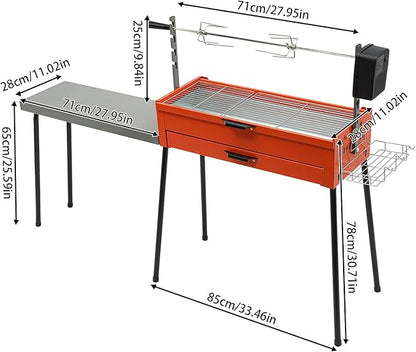 Portable Charcoal Grill for Outdoor Grill, 2 in 1 Stainless Steel Barbecue Grill Rotisserie Electric Grill, Foldable Camping Grill with Detachable Table, Spice Rack, Ideal for Outdoor Camping BBQ