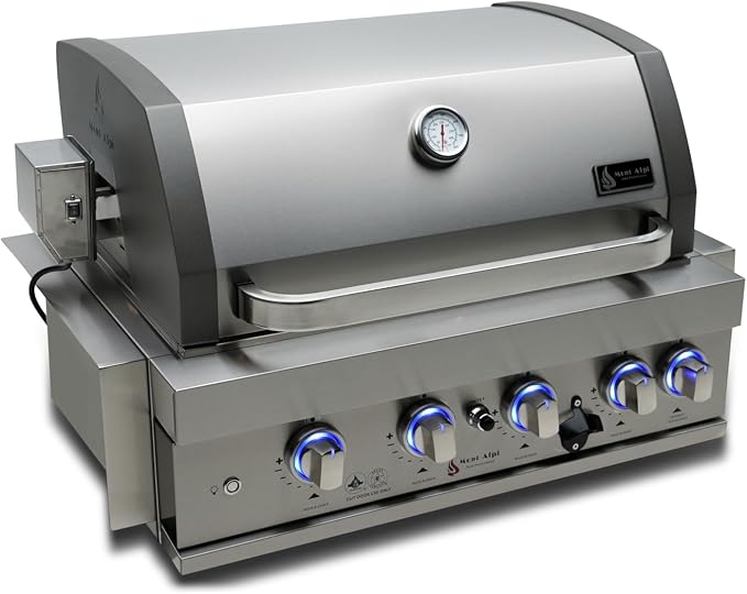 Mont Alpi Premium 32"W x 23"D x 21"H Stainless Steel 4-Burner 63000 BTUs Outdoor Kitchen Kitchen Island Heavy Duty Propane Built-in BBQ Grill Head with Infrared Rear Burner + Rotisserie Kit + Cover
