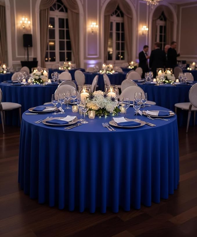 Fitted Royal Blue Spandex Table Skirts for Wedding Party,60 Inch Round | 6 Pack Spandex Table Covers, For 5 Ft Wedding Cake Tables, Wrinkle Resistant, Ruffle Design Banquets, Baby Showers, Parties
