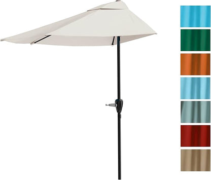 Half Umbrella Outdoor Patio Shade - 9 ft Patio Umbrella with Easy Crank - Small Canopy for Balcony, Table, or Deck by Pure Garden (Champagne)