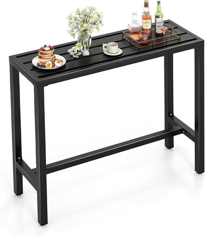Giantex Outdoor Rectangle Bar Table with Counter Height, Slatted Top & Footrest, Heavy-Duty Metal Frame, 400Lbs Capacity, High Pub Table for Patio, Deck, Yard, Hot Tub, Balcony, Black (48")