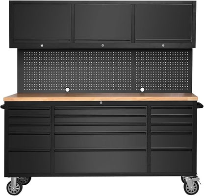 72-inch Rolling Tool Chest Cabinet Garage Workbench with 15 Storage Drawers and Wheels, 3 Upper Cabinet, Pegboard, Steel Large Tool Box for Garage Workshop, Matte Black