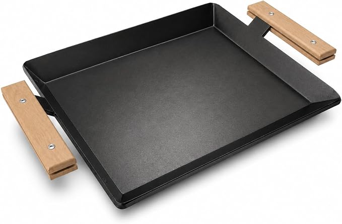 17 Inch Pre-Seasoned Carbon Steel Griddle for Stoves and BBQ Grills | Universal Flat Top Grill Plate with Anti-Scald Wood Handle, for Double Burner, Induction, Gas and Charcoal Grills