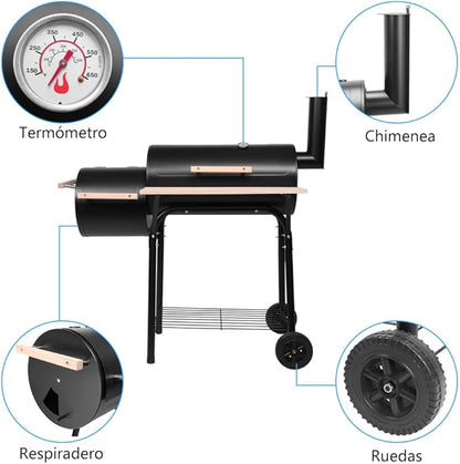 30.5 Inch Charcoal Grill and Smoker, Offset Barrel BBQ with Side Fire Box & Thermometer, Portable Outdoor Grill with Adjustable Damper and Wheels for Backyard Smoking & Grilling