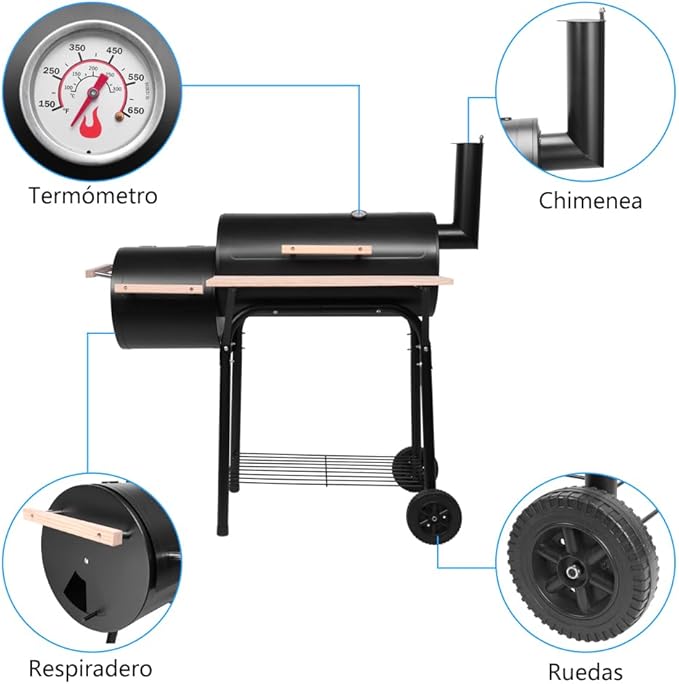 Dual Chamber Charcoal Grill & Smoker, Oil Drum BBQ with Side Smoker, 500-600°F High Temp, Portable Outdoor Grill with Wheels, Thermometer, Wood Shelf for Patio Camping Backyard Family Gathering Black