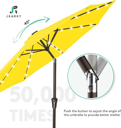 JEAREY 9FT Outdoor Patio Umbrella with Solar Lights, LED Lighted Pool Umbrella with Tilt and Crank, Outdoor Table Umbrellas for Deck, Yard & Market (Lemon)