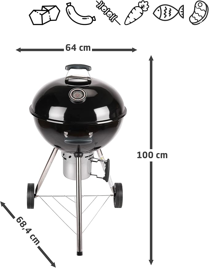 Amig - Fireplus Portable Charcoal or Firewood Barbecue | Round Barbecue with Lid and Wheels | Ventilation System and Ash Deposit | Steel Grill | 68.8 x 64 x 100 cm