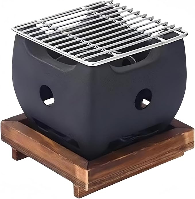 Japanese Charcoal Grill Hibachi & Yakitori Grill BBQ Stove Robata Stainless steel aluminum alloy and wooden base Outoor BBQ Cooking (A,M)