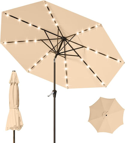 9FT Patio Umbrella with Solar Lights,Outdoor Market Umbrella with Tilt and Crank, LED Lighted Table Umbrella for Garden,Deck,Backyard,Pool,Beach (Khaki)