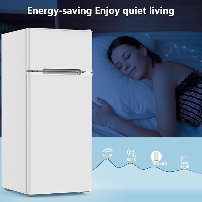 Electactic 4.5 Cu.Ft Mini Fridge with Freezer, 2-Door Compact Refrigerator With 2 Removable Shelves, 3 Level Adjustable Thermostat, Quiet Efficient for Kitchen, Office, Dorm, Apartment-Classic White