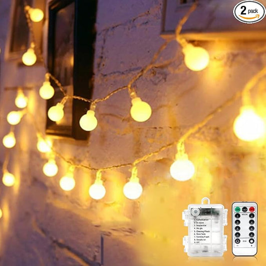Globe String Lights Battery Operated Warm White ，Water proof 2 Pack 19.7FT 40 LED Globe Fairy String Light 8 Modes with Remote Control , for Home, Party, Christmas, Wedding, Garden Decoration
