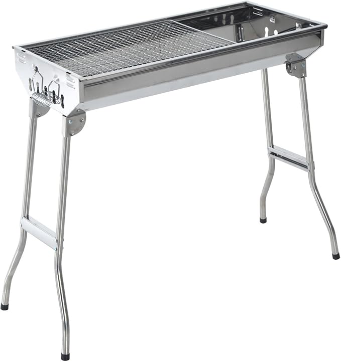 Ni-shore Charcoal Barbecue Grill Stainless Steel Folding BBQ Camping Grill for Shish Kabob, 28inch, Silver
