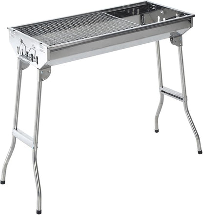 Ni-shore Charcoal Barbecue Grill Stainless Steel Folding BBQ Camping Grill for Shish Kabob, 28inch, Silver