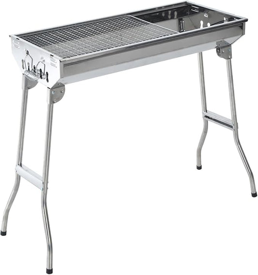 Ni-shore Charcoal Barbecue Grill Stainless Steel Folding BBQ Camping Grill for Shish Kabob, 28inch, Silver