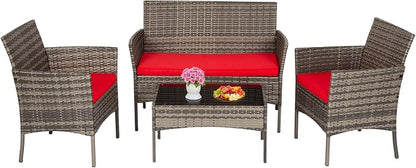 FDW Outdoor Patio Furniture Set Wicker Patio Set PE Rattan Furniture Bistro Set for Outdoor Indoor Use with Loveseats Coffee Table, Red Cushions, 4 Pieces