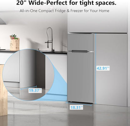 Electactic 4.5 Cu.Ft Mini Fridge with Freezer, 2-Door Compact Refrigerator With 2 Removable Shelves, 3 Level Adjustable Thermostat, Quiet Efficient for Kitchen, Office, Dorm, Apartment-Premium Grey