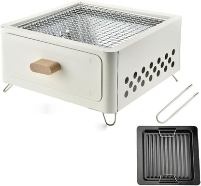 Desk Tabletop Outdoor Charcoal Grill Portable Small BBQ Grill Easy Assembly with Grid Lifter and Stainless Steel Grill Grate for Camping Picnics Garden Beach Party(White B)