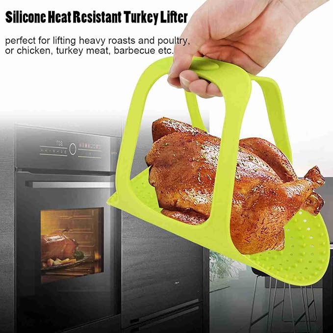 Heat Resistant Turkey Lifter, Silicone Roasting Rack Non Stick, Food Grade Silicone Non Stick Turkey Lifter with Anti Scald Feature Turkey Lifter for Roasts (Green)