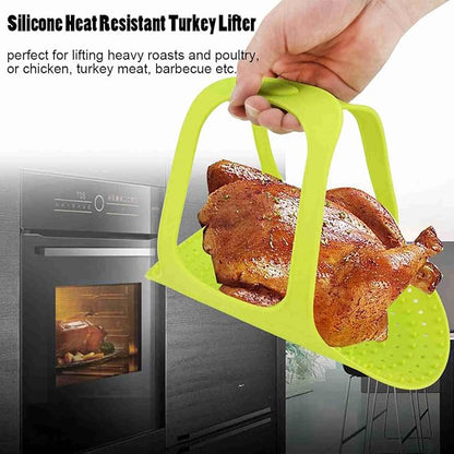 Heat Resistant Turkey Lifter, Silicone Roasting Rack Non Stick, Food Grade Silicone Non Stick Turkey Lifter with Anti Scald Feature Turkey Lifter for Roasts (Green)