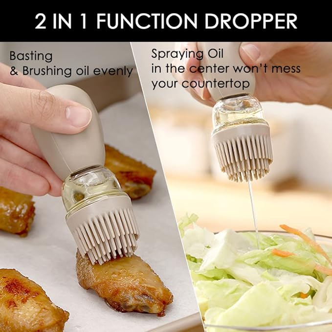 Oil Dispenser with Brush - 2 Pack Glass Olive Oil Dispenser Bottle for Kitchen with Silicone Basting Brush BBQ Grilling Baking Cooking, T-OB22, White+Red