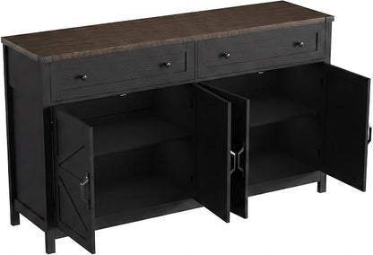 ChooChoo 55" W Coffee Bar Cabinet, Kitchen Storage Cabinet with 2 Drawers | Farmhouse Sideboard Buffet Cabinet, Adjustable Shelf & 4 Doors, Vintage Black