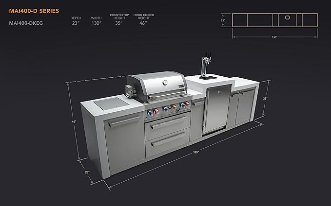 Mont Alpi 130"W Stainless Steel Deluxe Modular Outdoor Kitchen Island with Side Burner + 3 Tap Kegerator Refrigerator + 32"W 4-Burner BBQ Gas Grill + Granite Countertops + Storage Cabinets & Drawers