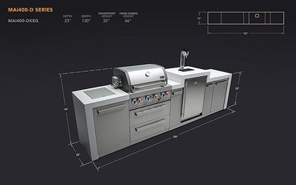 Mont Alpi 130"W Stainless Steel Deluxe Modular Outdoor Kitchen Island with Side Burner + 3 Tap Kegerator Refrigerator + 32"W 4-Burner BBQ Gas Grill + Granite Countertops + Storage Cabinets & Drawers