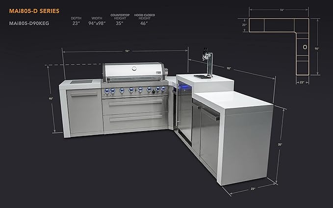 Mont Alpi 94"W x 98"D Deluxe Stainless Steel L-shaped Modular Outdoor Kitchen Island with 3-tap Kegerator Beer Dispenser Refrigerator + 44"W 6-Burner BBQ Grill + Granite Countertops + Storage Cabinets
